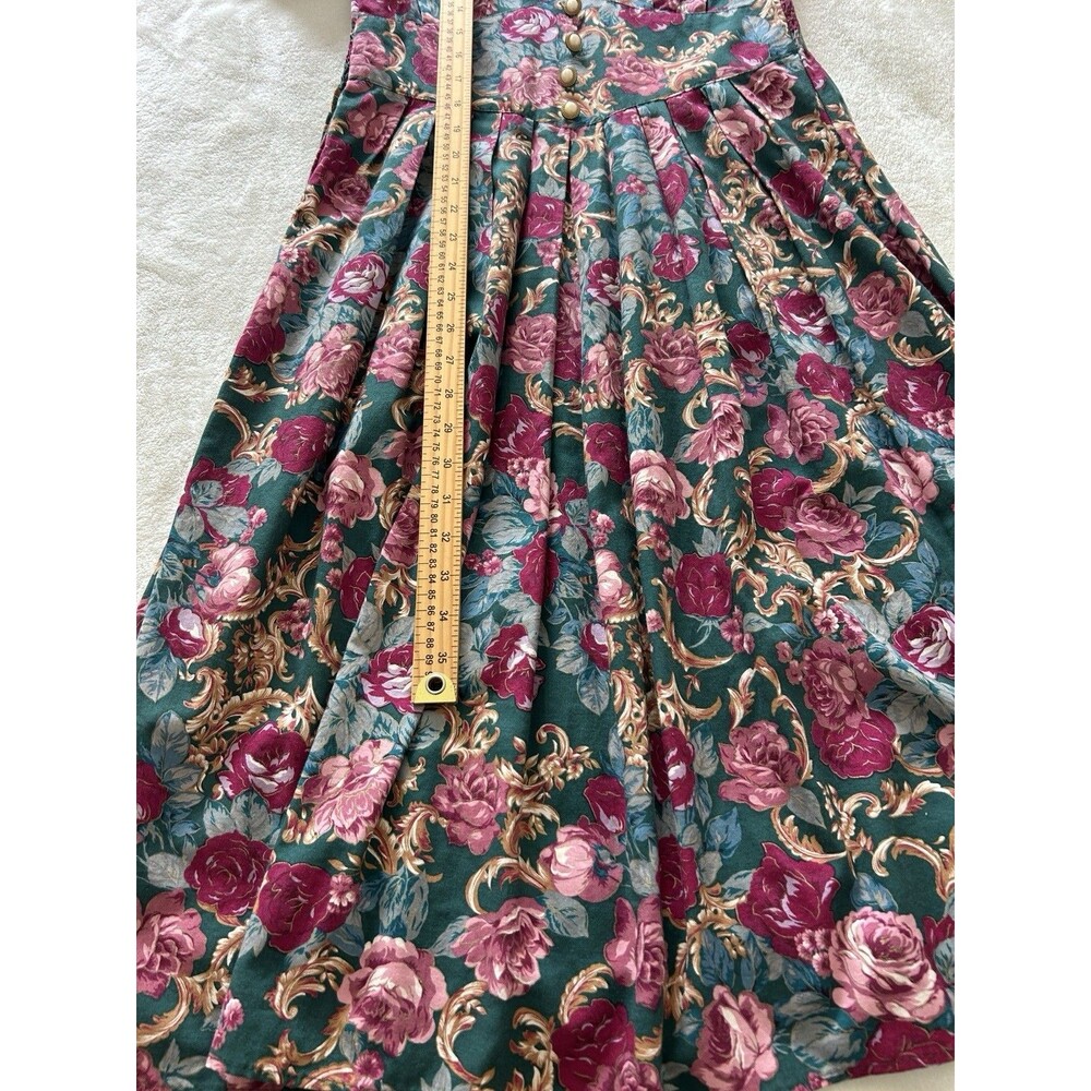 Vintage Romantic Floral Midi Dress Size 6 Green Roses Pearl Buttons 80s Bold - Picture 9 of 14